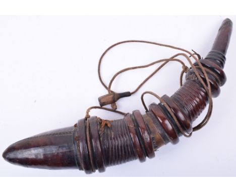 Good North African (Mangbetu?) Leather Covered Cow Horn Powder Flask, elaborate ribbed decoration, and cut with geometric des