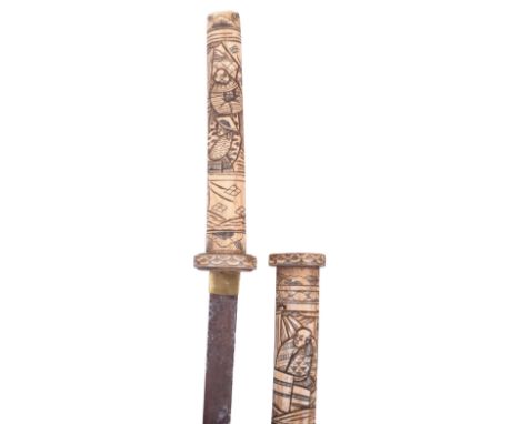 Japanese Carved Bone Sword, wakizashi blade (rusty and un-tempered) hilt and scabbard of bone section carved with domestic fi