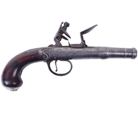 Queen Anne Style Cannon Barrel Boxlock Flintlock Pocket Pistol, frame engraved with rococo foliage ornament and T.RICHARDS, L