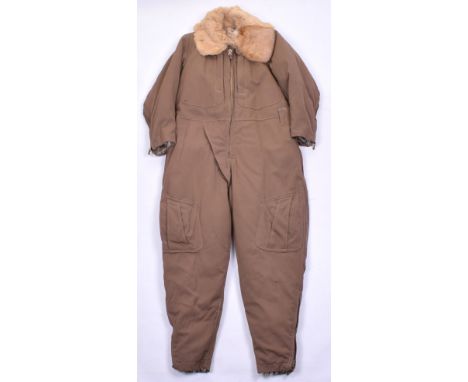 WW2 Japanese Winter Flight Suit, being dark brown one piece example with large rabbit fur collar and fur lined interior. Half