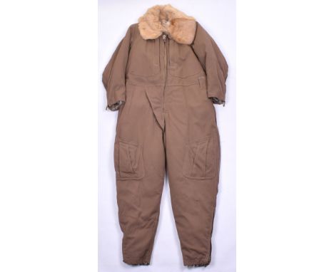 WW2 Japanese Winter Flight Suit, being dark brown one piece example with large rabbit fur collar and fur lined interior. Half