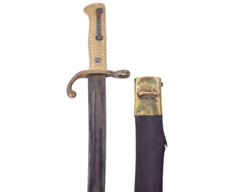 Scarce Bavarian Werder Sword Bayonet, being an example converted for use in Venezuela. Brass ribbed grip with brass down turn