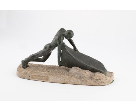 Max Le Verrier 1891 Neuilly-sur-Seine - 1973 Paris ''Pêcheur à la barque''. Patinierte Bronze auf Sockel mit Bohrlöchern. Sig
