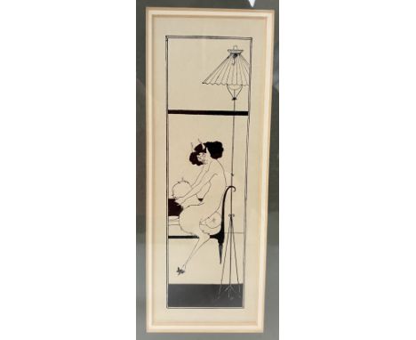 AFTER AUBREY BEARDSLEY "Faun or Satyr seated on a sofa with lamp in foreground", black and white print, inscribed on "Michael