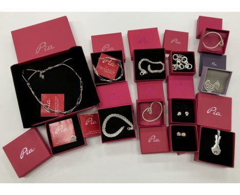 Eleven boxed items of "Pia" jewellery including silver and amethyst bead necklace and matching bracelet, silver rope-link bra