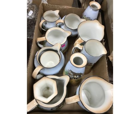 A box containing assorted Burleigh ware "Merry England" china designed by Cecil Aldin, to include mainly jugs and vases (1 bo