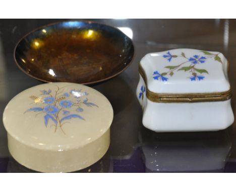 A Limoge porcelain box and cover together with one other and a small enamel dish