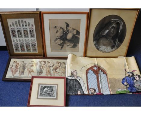 A Victorian watercolour, classical figural freize, 24 x 81 cms, together with a charcoal portrait of a young girl, a religiou