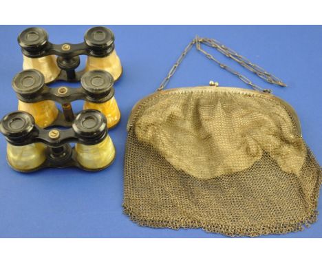 Three pairs of simulated mother of pearl opera glasses together with an Edwardian silverplated mesh purse
