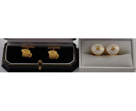 A pair of Houses of Parliament goldplated cufflinks, boxed, together with a pair of white enamel goldplated cufflinks wth cor