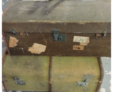 A Victorian rectangular leather covered trunk containing a small quantity of assorted Victorian ceramics, toys and sundries, 