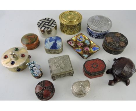 A collection of white metal brass ceramic trinket boxes and covers including a cloisonne example etc