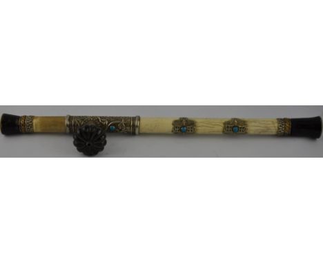 A Chinese horn mounted bone opium pipe, the cylindrical white metal mounted body inset turquoise beads, l:50cm