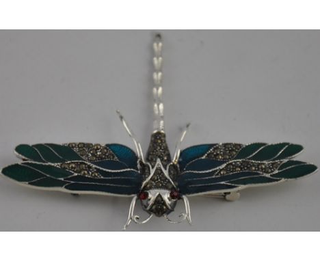 A silver and enamel set brooch in the form of a dragonfly