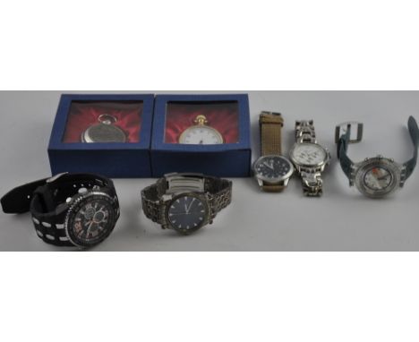 A collection of 5 gentleman's wristwatches and 2 pocket watches including Swatch and a Japanese diving watch