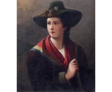 19th Century Continental school - Oil painting - Half length portrait of a young lady wearing a green hat, with red, yellow, 
