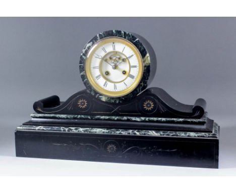 A 19th Century French black slate and green veined marbled cased mantel clock, No. 1836, the 4.5ins diameter white enamel cha