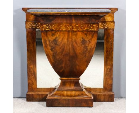 A 19th Century French figured mahogany console table, grey marble slab to top and mirror panelled back, the raised urn patter