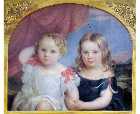 19th Century English school - Oil painting - Half length portrait of two young girls, re-lined canvas, 25ins x 29ins, in gilt
