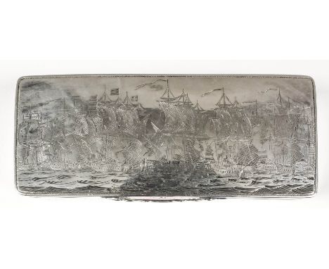 A good late 18th Century Dutch silver rectangular table snuff box, the lid engraved with a fleet at anchor, the base engraved