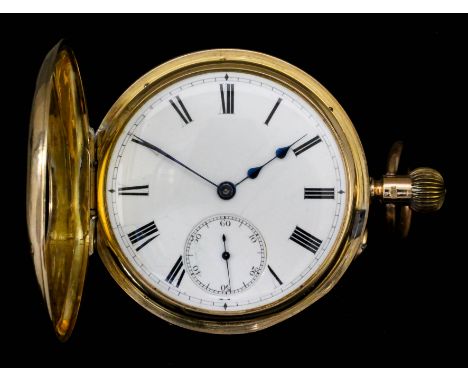 A George V gentleman's 18ct gold half hunting cased keyless pocket watch by John Adams of Coventry, No.5877, the white enamel