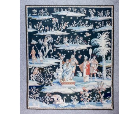 A modern Chinese tapestry, woven in colours with two Chinese Sages and two attendants in a garden, 78ins x 64ins