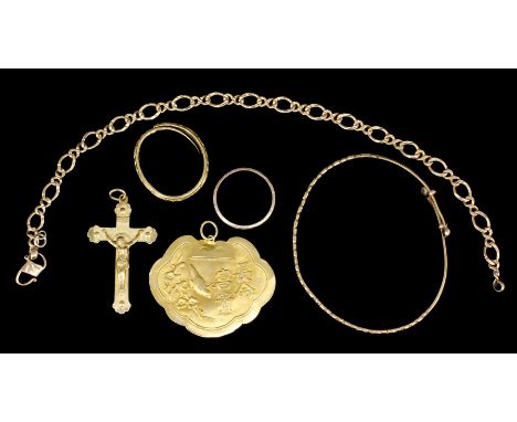 A 22ct gold chain link bracelet, 185mm overall, a 22ct gold Crucifix, 34mm x 21mm, two 22ct gold wedding bands, a gold colour
