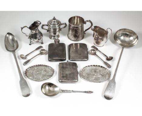 A Victorian silver cylindrical christening mug with bead mounts, engraved with trellis pattern and engine turned ornament and