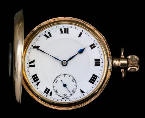 A George V gentleman's 9ct gold half hunting cased keyless pocket watch, the white enamel dial with Roman numerals and subsid