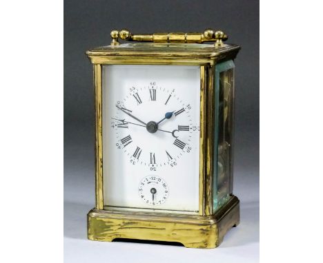 A late 19th/early 20th Century French carriage clock with alarum, the white enamel dial with Roman numerals and sweep/seconds