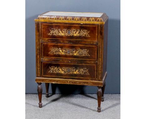A mahogany commode in the French manner with white marble slab to top, the incurved sides inlaid with stylised leaf ornament,