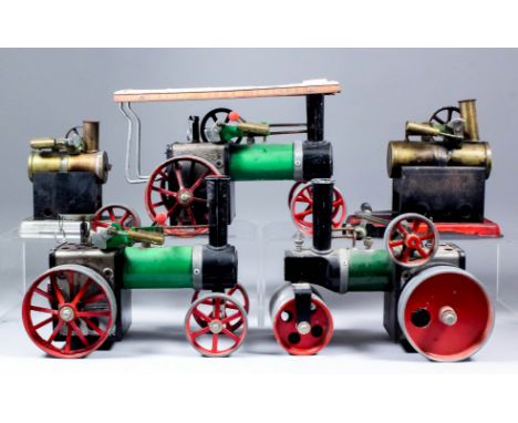 Three Mamod tinplate models - Steam tractor, 7.25ins high, Road Roller, 7ins high and Steam Engine, 7ins high, and two static