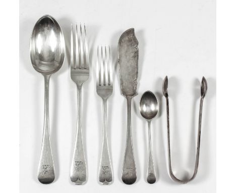 A late Victorian silver "Old English" pattern part table service, comprising - one serving spoon, three table spoons, five ta