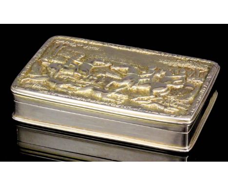 A George III 18ct gold rectangular snuff box, the lid cast in bold relief with a Fox Hunting Scene, including three huntsmen 