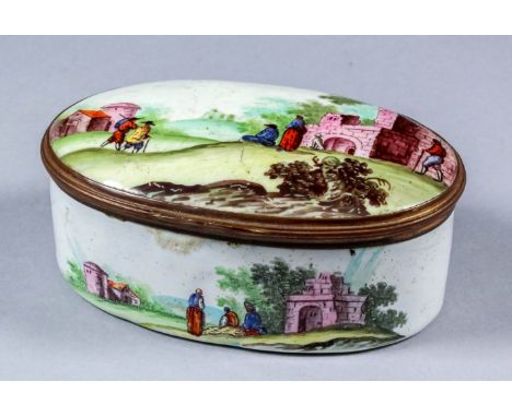 An 18th Century oval enamel snuff box, the lid, sides and interior lid decorated with people in a landscape with ruins, with 