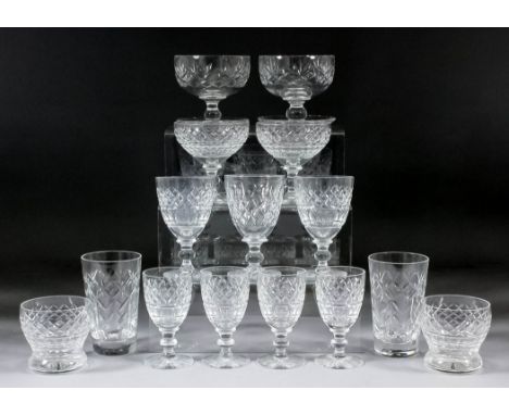 A modern hobnail and panel cut glass matched table service (48 pieces), and six William Yeoward modern green glass rummers, 5