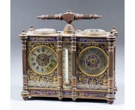 A late 19th/early 20th Century French gilt brass and enamel cased desk timepiece, thermometer and aneroid barometer by R. &am