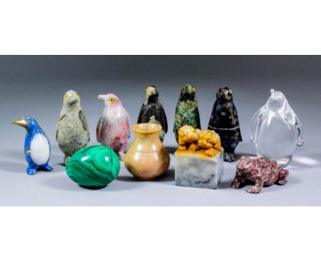 Six small carved hardstone penguin models, from 2.5isn to 3.5ins high, a glass example, 3.75ins high (signed), a Chinese hard