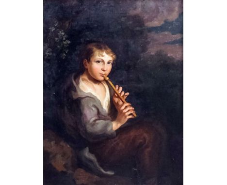 Late 18th/early 19th Century English school - Oil painting - Seated portrait of a young boy playing a flute, canvas 25ins x 2