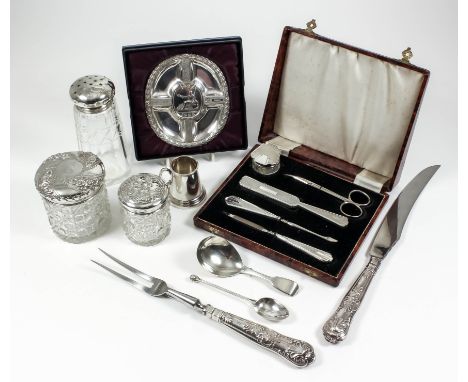 A William IV silver fiddle pattern caddy spoon with plain oval bowl, by Randall Chatterton, London 1832, a George VI silver m