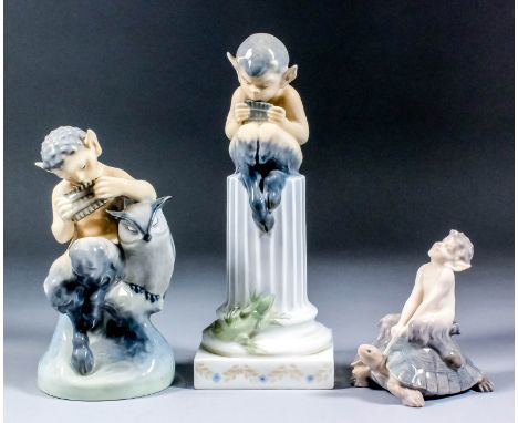 Three Royal Copenhagen porcelain figures - Young faun riding on the back of a tortoise (888), 3.75ins high, young faun with o
