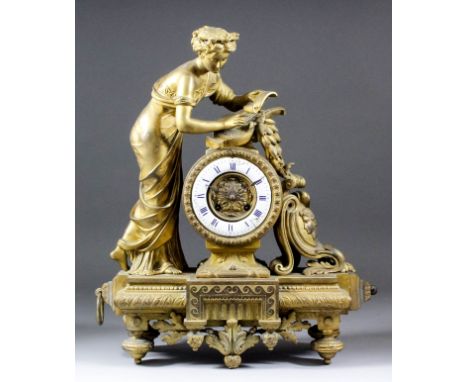 An 19th Century French gilt metal cased mantel clock by Japy Freres, No. 661, the 4ins diameter enamel chapter ring (cracked)