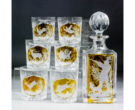 A Polish "Anita" engraved and wheel cut whisky decanter and stopper, the front panel amber flashed and engraved with a hunter