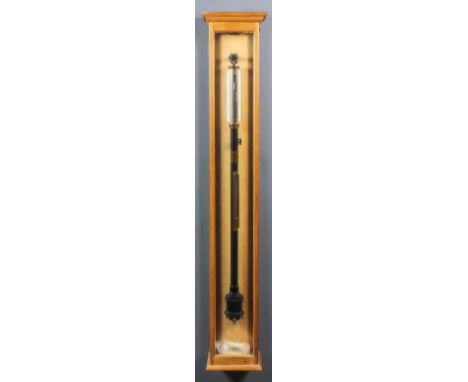 A 1920's Fortin stick barometer and thermometer by Casella of London, No.3152, with silvered cylindrical scale and vernier an