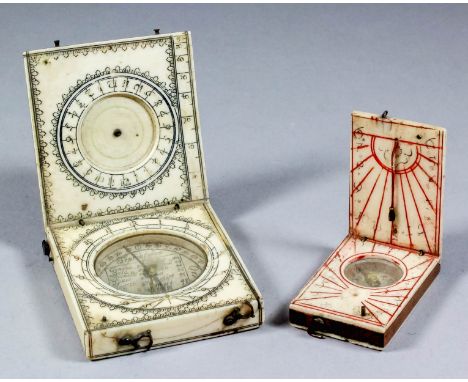 A 17th/18th Century Continental ivory folding pocket compass with paper scale in engraved case, 2ins x 2.75ins x 0.5ins high,