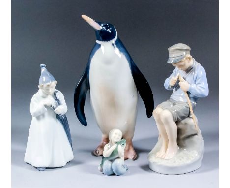 Four Royal Copenhagen porcelain figures - Standing penguin (417), 9ins high, boy in night dress and cap with umbrella (1145),