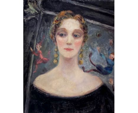 Lady Janet Clark (20th Century English school) - Oil painting - Shoulder length portrait of the artist, 21.75ins x 18.5ins, i