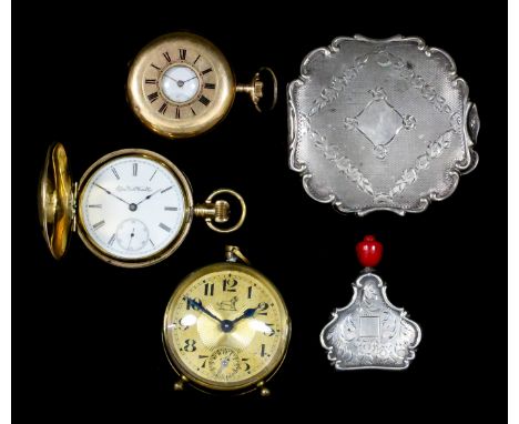 A gold plated full hunting cased, keyless pocket watch by Elgin, 50mm diameter, a brass cased Continental travelling alarm cl