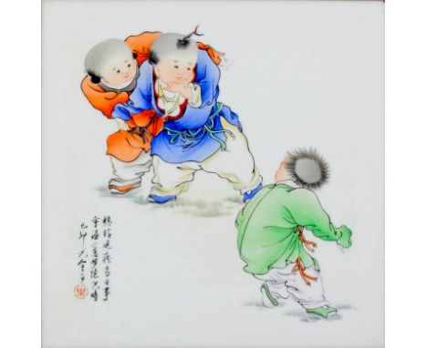 A pair of Chinese porcelain plaques, one enamelled with children at play, the other with sparrows in a nest, both with lines 