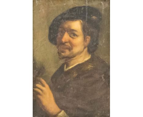 18th/19th Century Dutch school - Oil painting -  Shoulder length portrait of a young man wearing black cap and holding a flut
